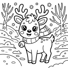 Cute cartoon deer smiling in winter forest with snowflakes falling, coloring page for kids