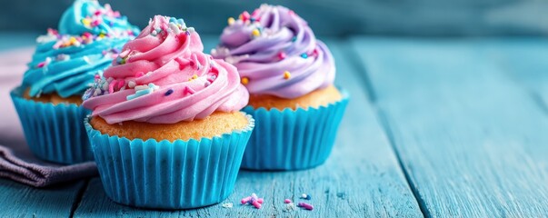 Three colorful cupcakes with swirled frosting and sprinkles sit on a rustic blue wooden surface, creating a bright and appetizing scene.
