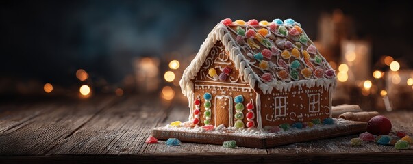 A colorful, intricately decorated gingerbread house with icing and candy sits on a rustic wooden surface, softly lit against a blurred background with warm lights.
