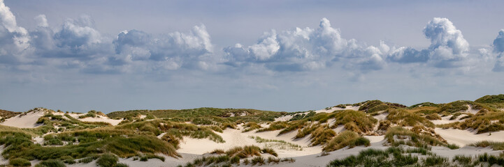Panoramic Coastal Sand Dunes with Grassy Hills and Blue Sky