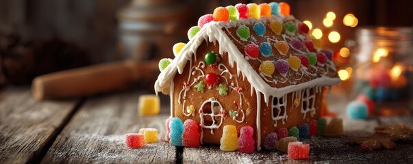 A festive gingerbread house decorated with colorful gumdrops and icing sits on a rustic wooden table, evoking cozy holiday warmth.