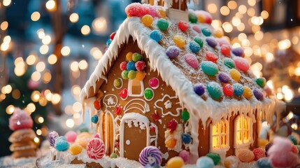 A festive gingerbread house decorated with colorful candies and icing, glowing warmly with lights inside, set against a backdrop of twinkling holiday lights.