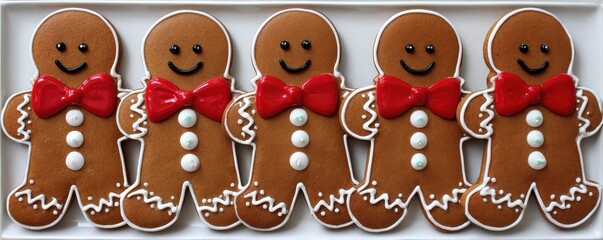 Five smiling gingerbread men with red bow ties and white icing details are neatly arranged in a row on a white tray.