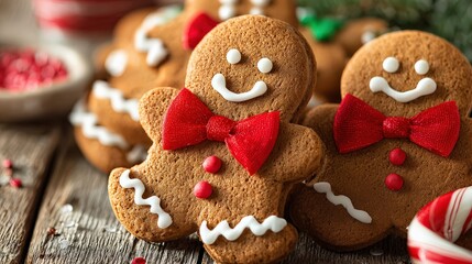 Festive gingerbread cookies decorated with red bows and white icing, arranged on a rustic wooden surface with candy canes in the background.