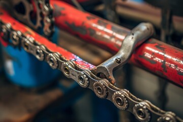 Close up of a bicycle chain being cleaned with a tool in a workshop