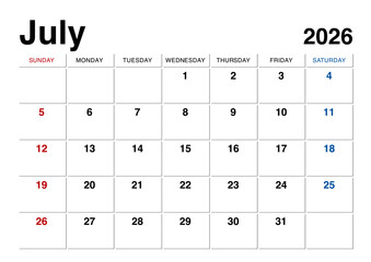 2026年7月のカレンダー日曜始まり 日本の祝日表記無し