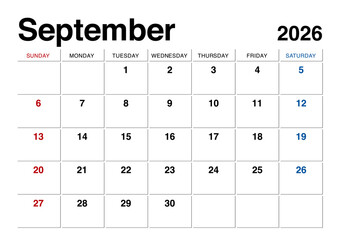 2026年9月のカレンダー日曜始まり 日本の祝日表記無し