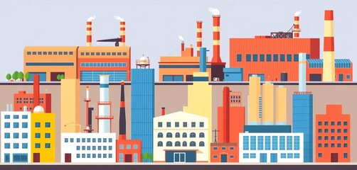 Collection of flat vector illustrations depicting various factory buildings from front view; ideal for cityscapes, industry, collection