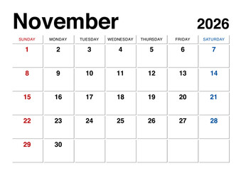2026年11月のカレンダー日曜始まり 日本の祝日表記無し