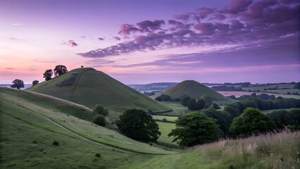 Naklejka premium Symmetrical Hills Under a Purple Twilight Sky.