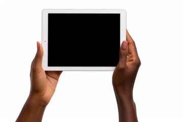 Woman holding a digital tablet with a blank screen on white background