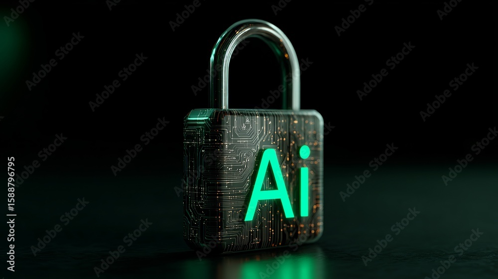 Poster artificial intelligence padlock with circuit board pattern representing digital security and data pr