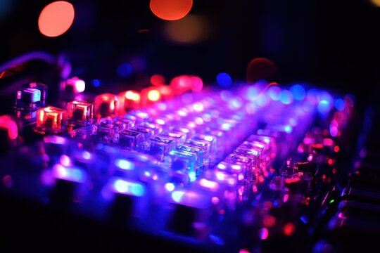 Colorful LED Lights on a Musical Instrument Control Panel at Night