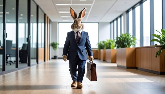 Business rabbit in modern office hallway