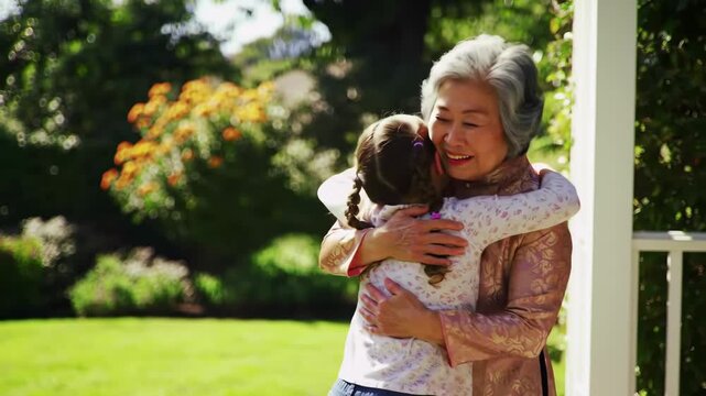 asian granddaughter runs to hug her grandmother, waiting with open arms on the front porch. loving embrace. national grandparents day, senior activity and leisure