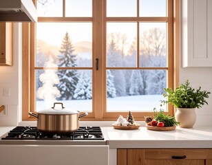 Fototapeta premium Window view from kitchen showing early winter snow, with steam rising from a saucepan