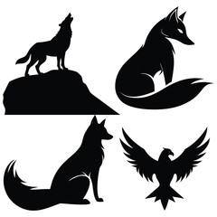 Collection of black animal silhouettes featuring a wolf fox and eagle 