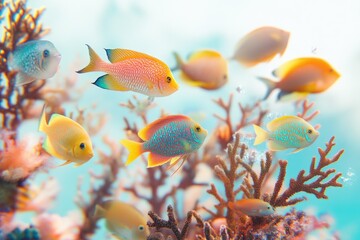Colorful reef fish swim amidst vibrant coral, showcasing diverse marine life in a tranquil underwater scene.