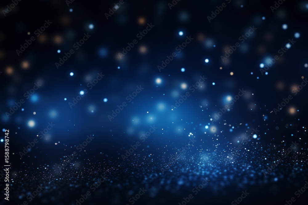 Poster blue particles falling and creating a magical atmosphere with bokeh effect on a dark background