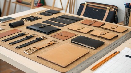Tan and Black Leather Goods Samples Displayed on Corkboard in a Design Workspace.
