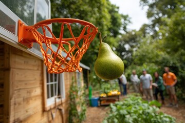 Unique backyard basketball with a pear in the hoop among friends during a sunny day
