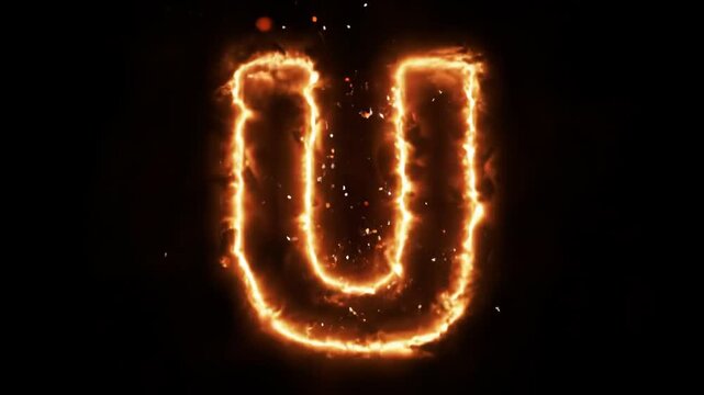 Flaming letter U on black background, glowing with sparks and fire