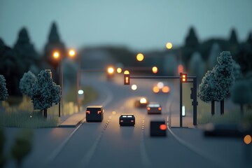 Evening Traffic Scene with Cars, Traffic Lights and Trees