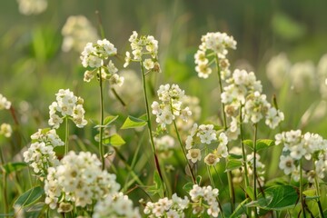 Fototapeta premium Delicate white buckwheat flowers thriving in a sunlit meadow, creating a serene natural backdrop