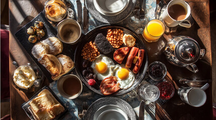 Tradycyjne angielskie śniadanie z jajkami, bekonem i fasolką. Elegancka zastawa, aromatyczna kawa i klasyczna angielska herbata dopełniają poranny rytuał.