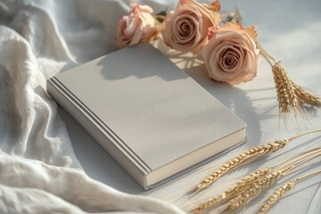 A gray notebook rests on a linen fabric, adorned with delicate blush roses and wheat stalks, creating a serene and elegant aesthetic.