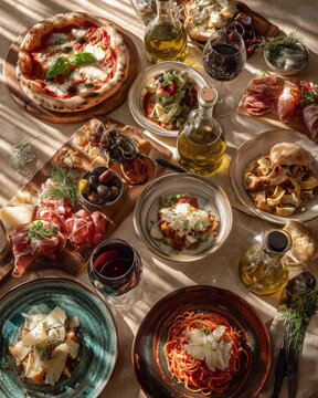 Tradycyjne włoskie dania: makaron, pizza, oliwki i świeże zioła, serwowane na rustykalnej zastawie. Autentyczny smak i klimat słonecznej Italii przy stole.