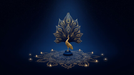 Exquisite diwali greeting card with gold foil peacock and mandala