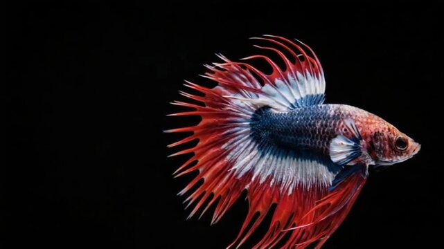 The colorful Siamese Elephant Ear Fighting Fish Betta Splendens, also known as Thai Fighting Fish or betta, a popular aquarium fish in super slow motion on isolated black background





