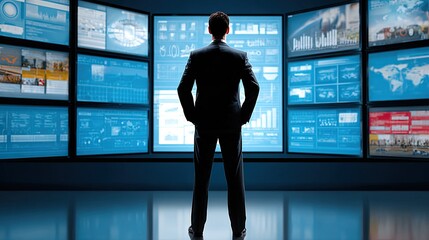 Visionary's Oversight: A commanding figure, silhouetted against a panoramic array of digital screens, epitomizes the essence of leadership and strategic insight in a high-tech environment.