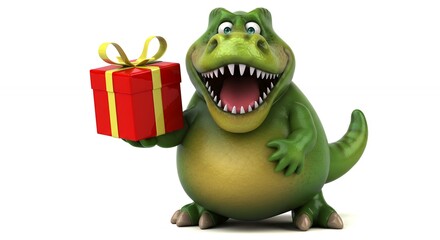 Naklejka premium Cartoon dinosaur holding a gift