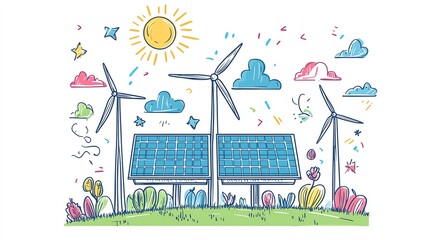 Stylized vector illustration of handdrawn solar panels and wind turbines, clean energy concept, minimal line art with vibrant colors, ecofriendly design