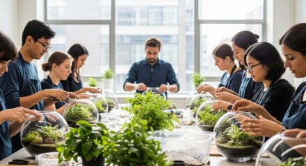 Group of Diverse People Participating in Indoor Plant Workshop in Bright Modern Office