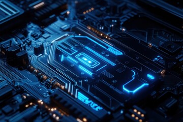 Fototapeta premium Futuristic Circuit Board with Blue Neon Lights and Digital Elements