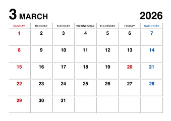 2026年3月のカレンダー日曜始まり