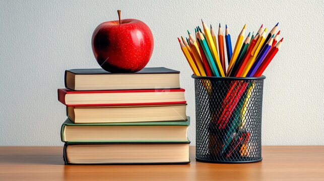 Stack of colorful books with a red apple on top sits next to a pencil holder filled with colored pencils, suggesting the start of a new school year - Powered by Adobe