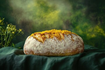Artisan sourdough bread, sprinkled with yellow seeds, rests on a dark green cloth against a blurred green background.