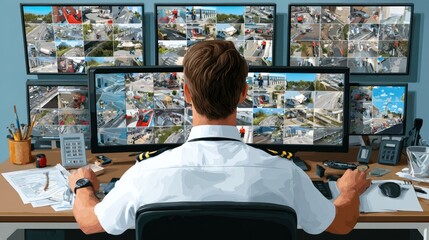 Obraz premium Surveillance Control: A vigilant individual monitors multiple screens displaying live security camera feeds, ensuring comprehensive area surveillance from a central control point.