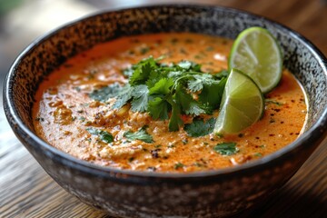 Creamy, spicy soup garnished with cilantro and lime wedges, served in a rustic bowl.