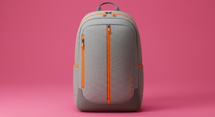 Stylish Grey Backpack with Vibrant Orange Accents on a Pink Backdrop for Modern Lifestyle