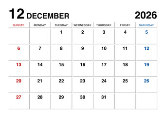 2026年12月のカレンダー日曜始まり