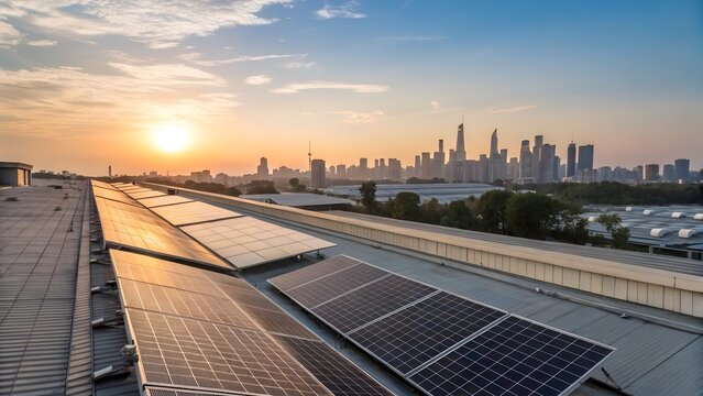  time lapse of the urban rooftop solar power generation distributed photovoltaic panels in sunrise, clean energy landscape with morning glow.