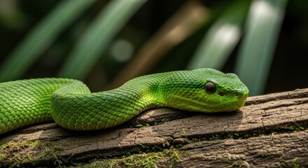Fototapeta premium Green Snake Resting on Log in Natural Jungle Environment