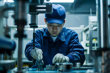 工作機械を操作する日本人作業員の集中した手元作業