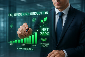 Businessman analyzing CO2 emissions reduction and net zero strategy, sustainable growth and carbon neutral future concept
