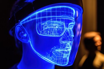 Futuristic Digital Face Display with Neon Lights and High-Tech Visuals